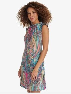 Tommy Hilfiger Paisley Ruffle Neck Sleeveless Jersey Shift Dress Size 12